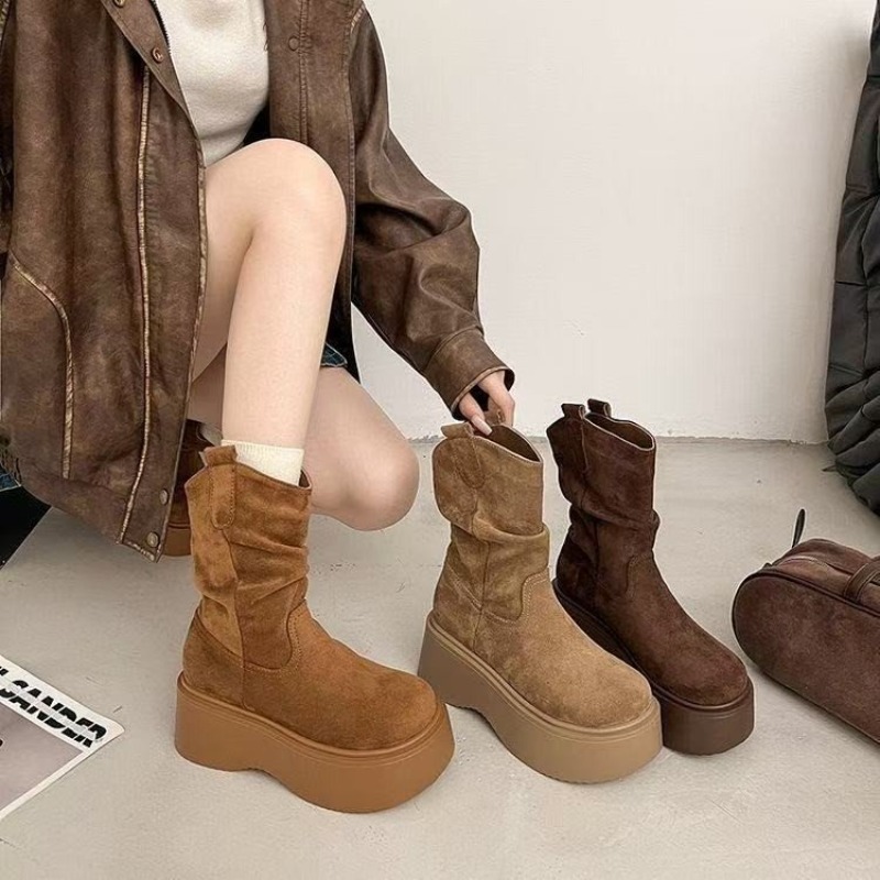 Embroidery Garments - Damen-Plateau-Westernstiefel, kniehoch, mit Wildlederbesatz und gerafftem,