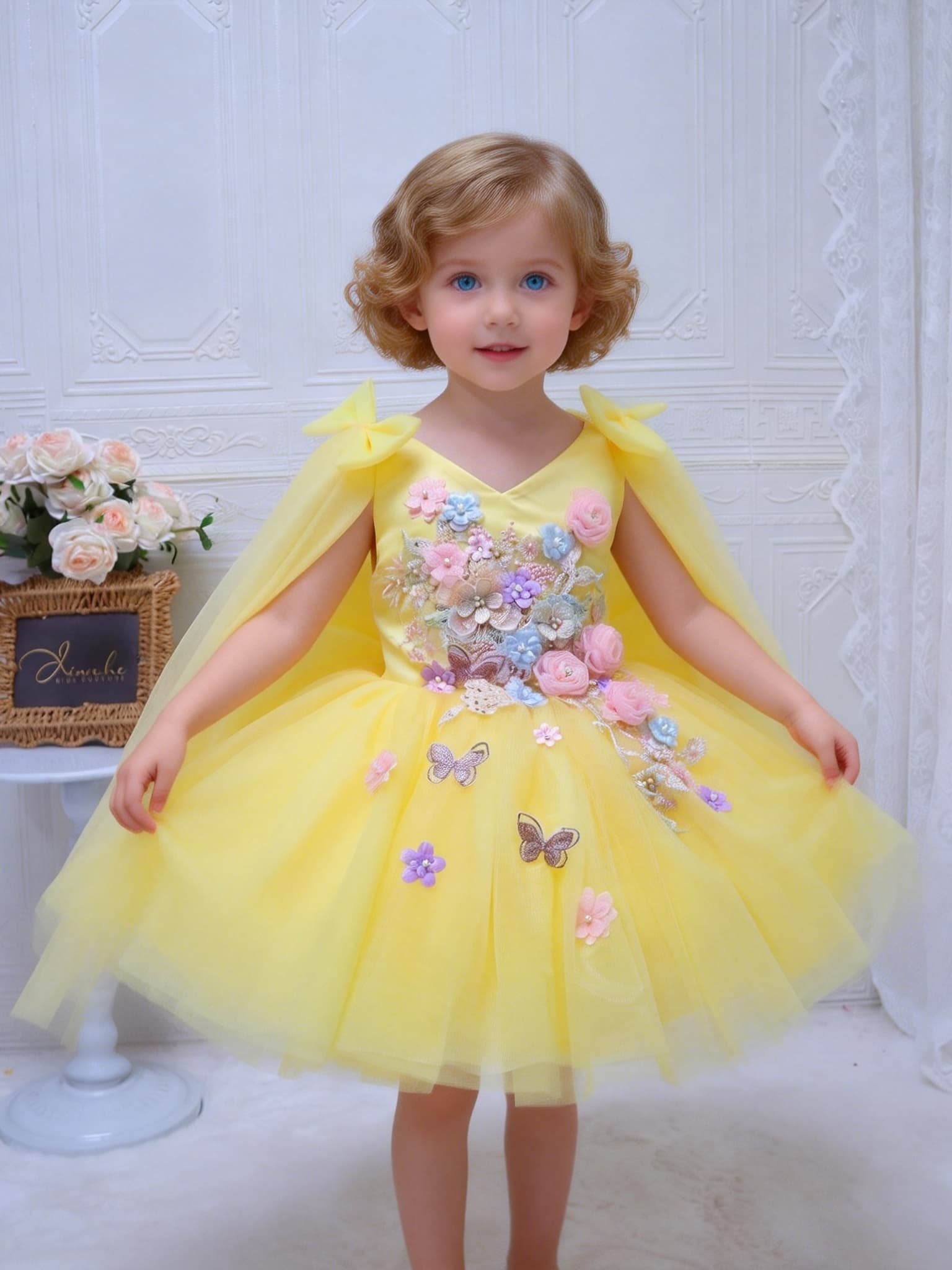Embroidery Yellow Dress - Maßgeschneidertes Luxuskleid für Damen, Hochzeitsgastkleid, Blumenmädchenkleid,