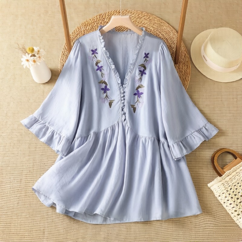 Elegantes lila Blumenstickerei – Embroidery Cotton Shirt Bewertung und Preis