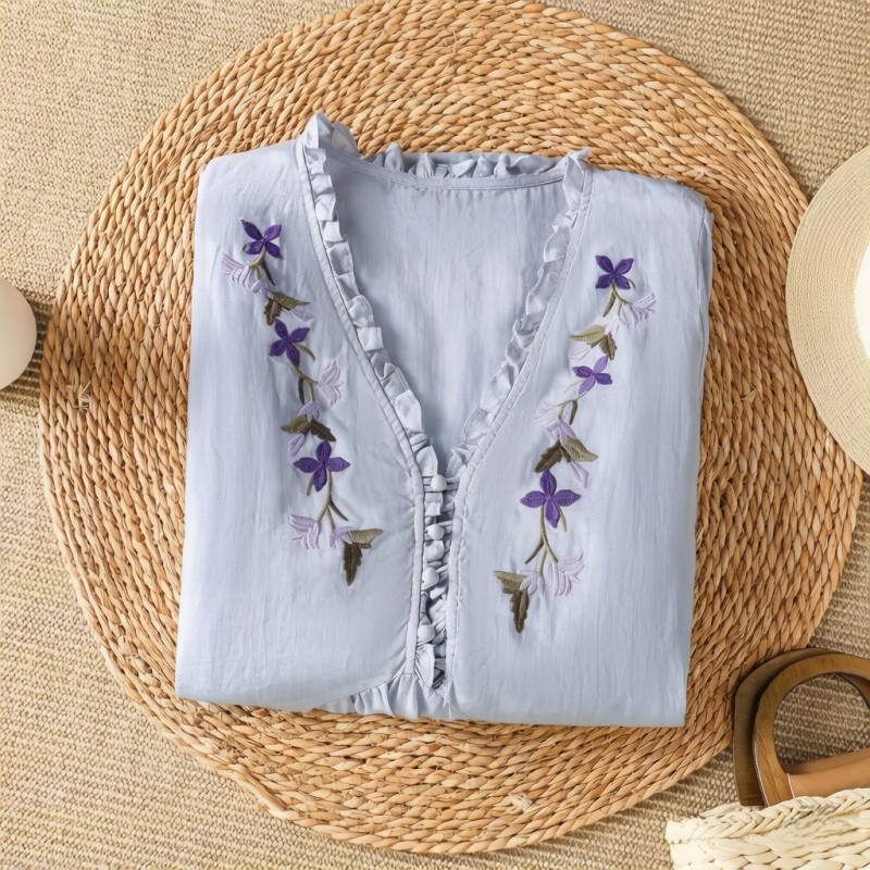 Elegantes lila Blumenstickerei – Embroidery Cotton Shirt Bewertung und Preis