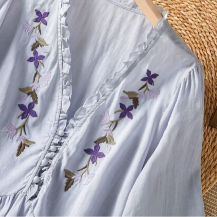 Elegantes lila Blumenstickerei – Embroidery Cotton Shirt Bewertung und Preis